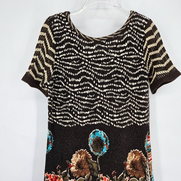 P. Luca Milano Midi Knit Dress Medium Brown Floral Sequin Bling Short Sleeve - Picture 8 of 11